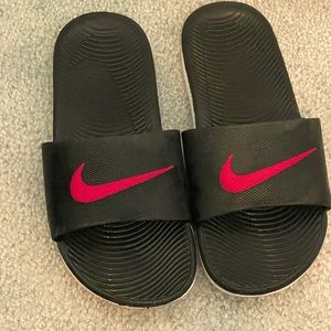 Nike youth size 5 Kawaii slides, magenta, black, and white